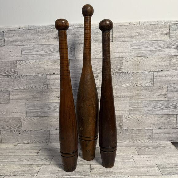 3 Vintage Antique Wooden Dark Juggling Pins Bands 17" & 19" Worn RARE Skinny - Picture 1 of 15